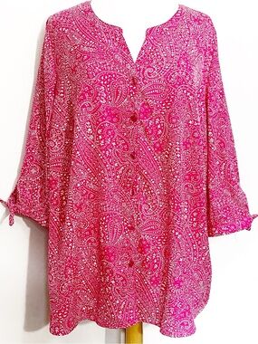 Catherine’s Pink Paisley Lightweight Tie Cuff Tunic Top (Runs Large) 1X